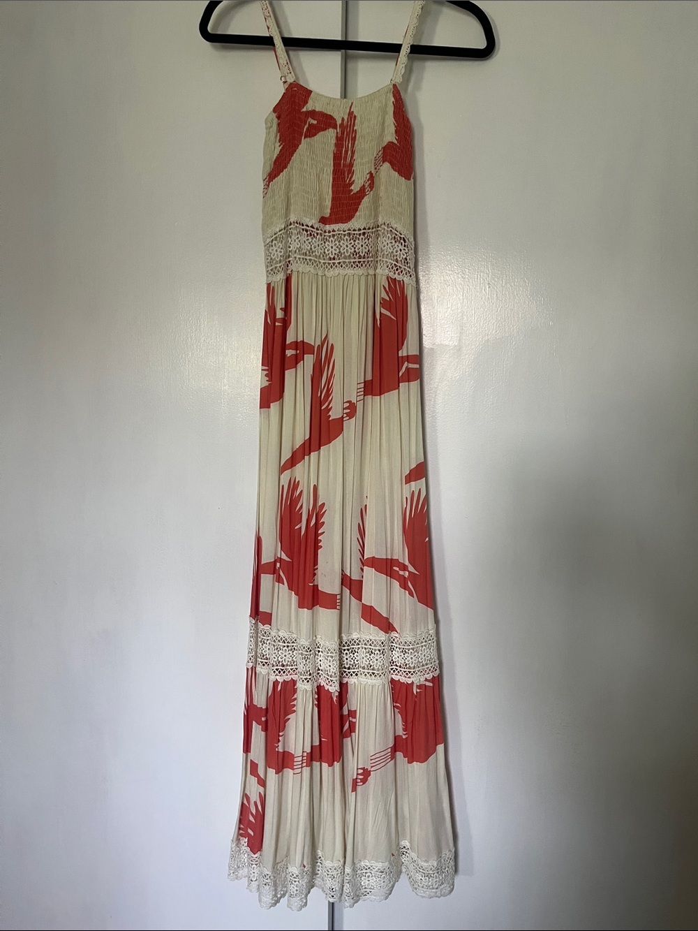 Ivory Maxi Dress with Coral Bird Print